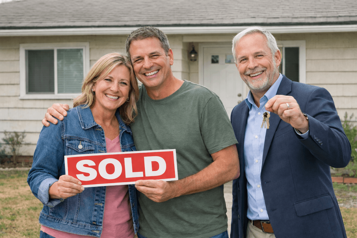 Happy homeowners with SOLD sign and realtor